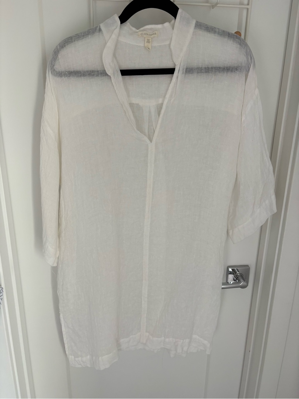 Eileen Fisher collar long line organic White Linen Split V Tunic size s/m